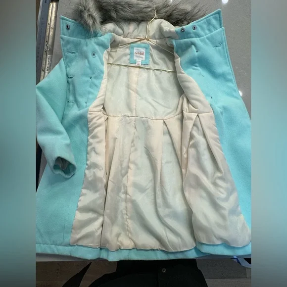Cat & Jack Girls Heavy Pea Coat Removable Fur Trim Mint Green Size 7/8 - Picture 6 of 11